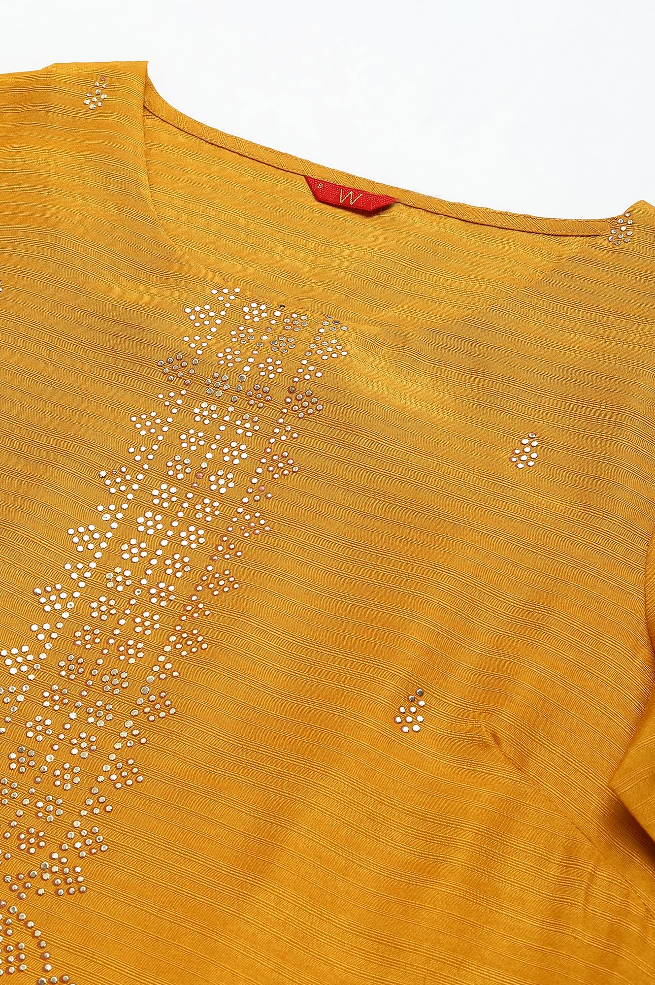 W Yellow Geometric Printed Gold Mukaish Regular Kurta For Women