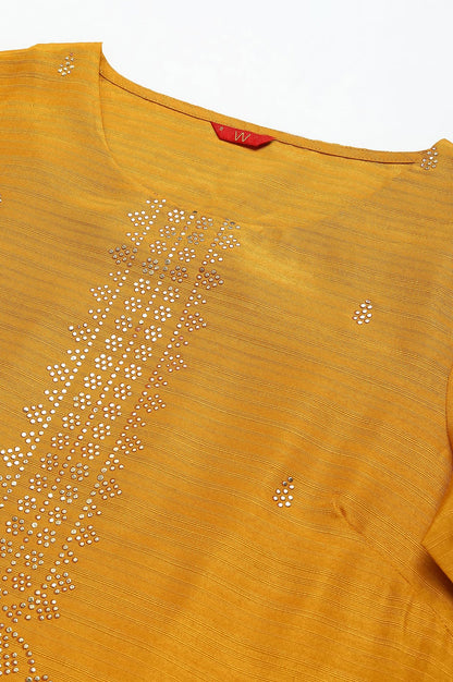 W Yellow Geometric Printed Gold Mukaish Regular Kurta For Women