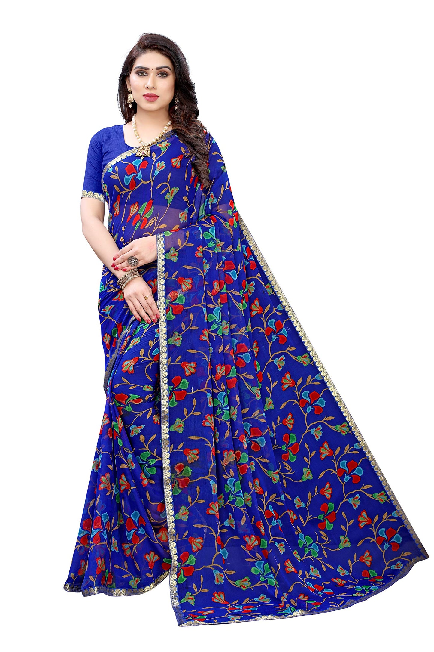 ANNI DESIGNER Womens Pure Chiffon Saree with Blouse Piece (ZIVA STY_DARK BLUE_Dark Blue)