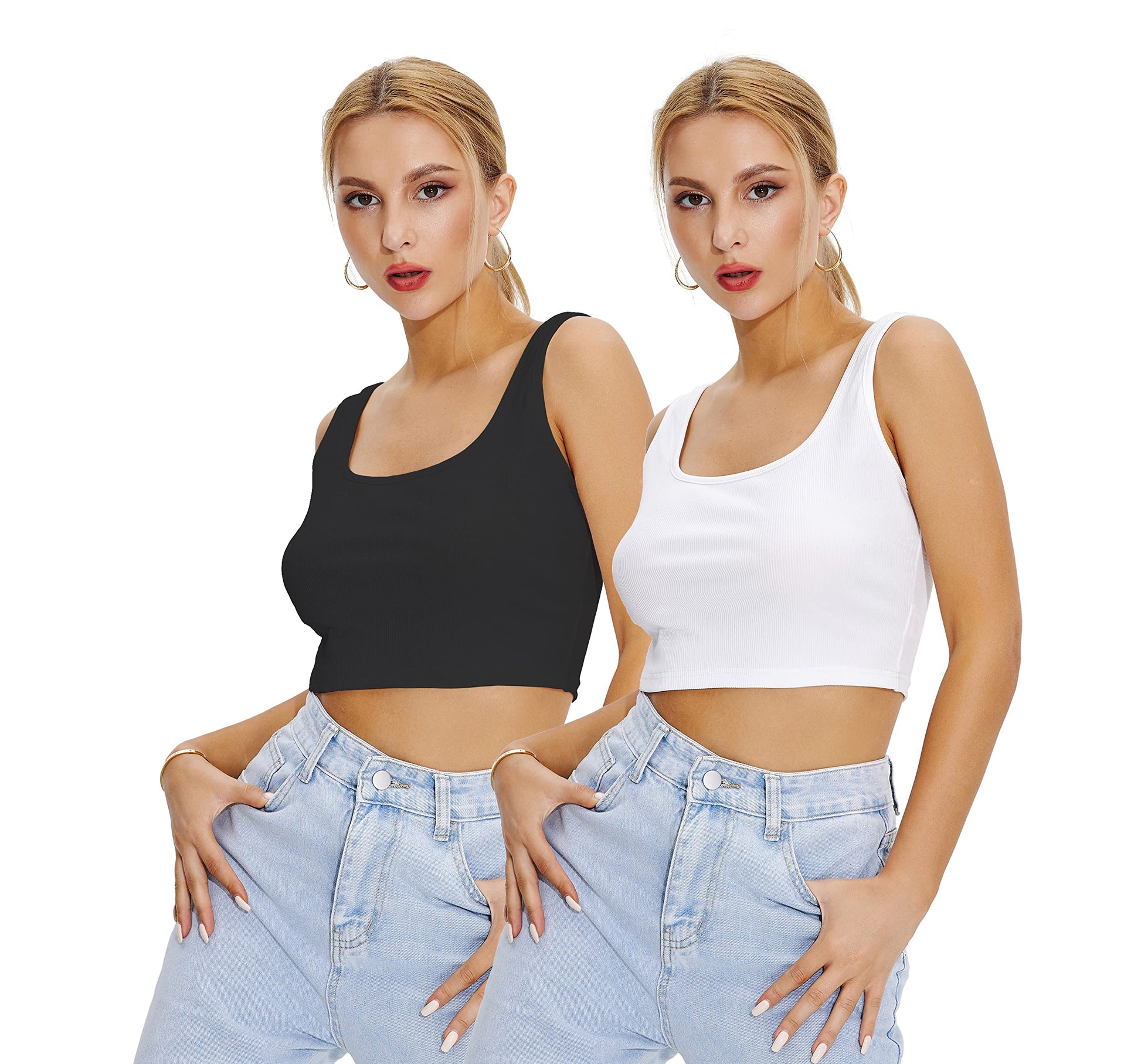 Shasmi Womens & Girls Solid Ribbed Square Neck Collarless Sleeveless Slim Fit Simplicity Tank Tops (Pack of 2) (TOP 36 White B