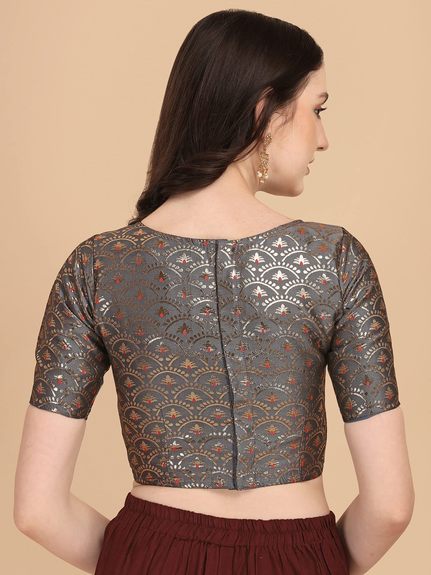Oomph! WomenS Indian Ethnic Wear Designer Zari Work Boat Neck Half Sleeve Cloud Grey Color Blouse For Saree Or Lehnga And Palaz