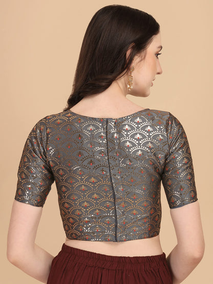 Oomph! WomenS Indian Ethnic Wear Designer Zari Work Boat Neck Half Sleeve Cloud Grey Color Blouse For Saree Or Lehnga And Palaz