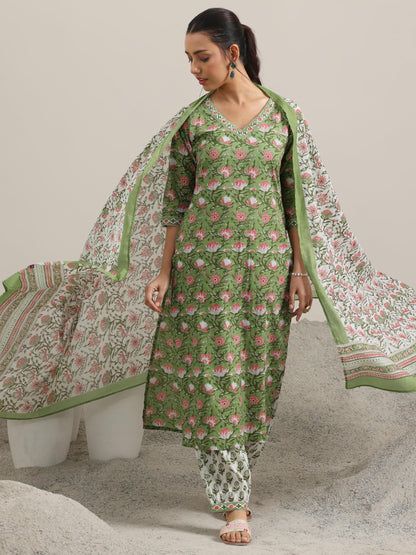 Libas WomenS Cotton Floral Kurta Set (400158O Green