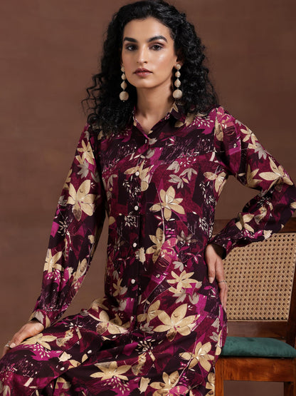 Libas WomenS Burgundy Printed Silk Blend Co-Ords Regular 27799