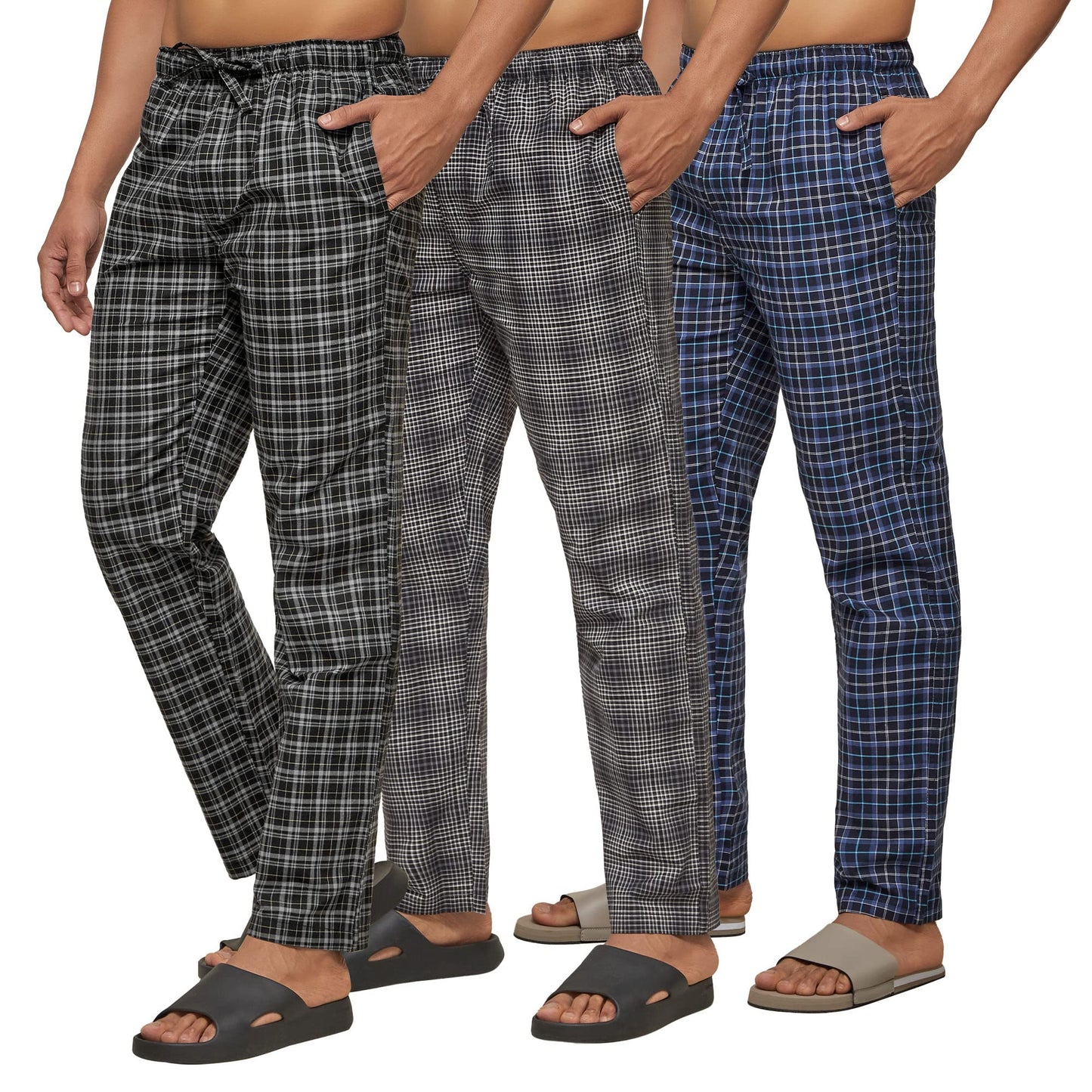 XYXX Mens Super Combed Cotton Checkered Checkmate Pyjamas [Pack of 3] Elasticated Waist, Drawstring | Loungewear for Men in Blu