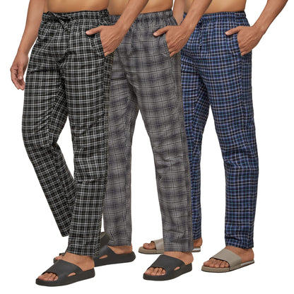 XYXX Mens Super Combed Cotton Checkered Checkmate Pyjamas [Pack of 3] Elasticated Waist, Drawstring | Loungewear for Men in Blu