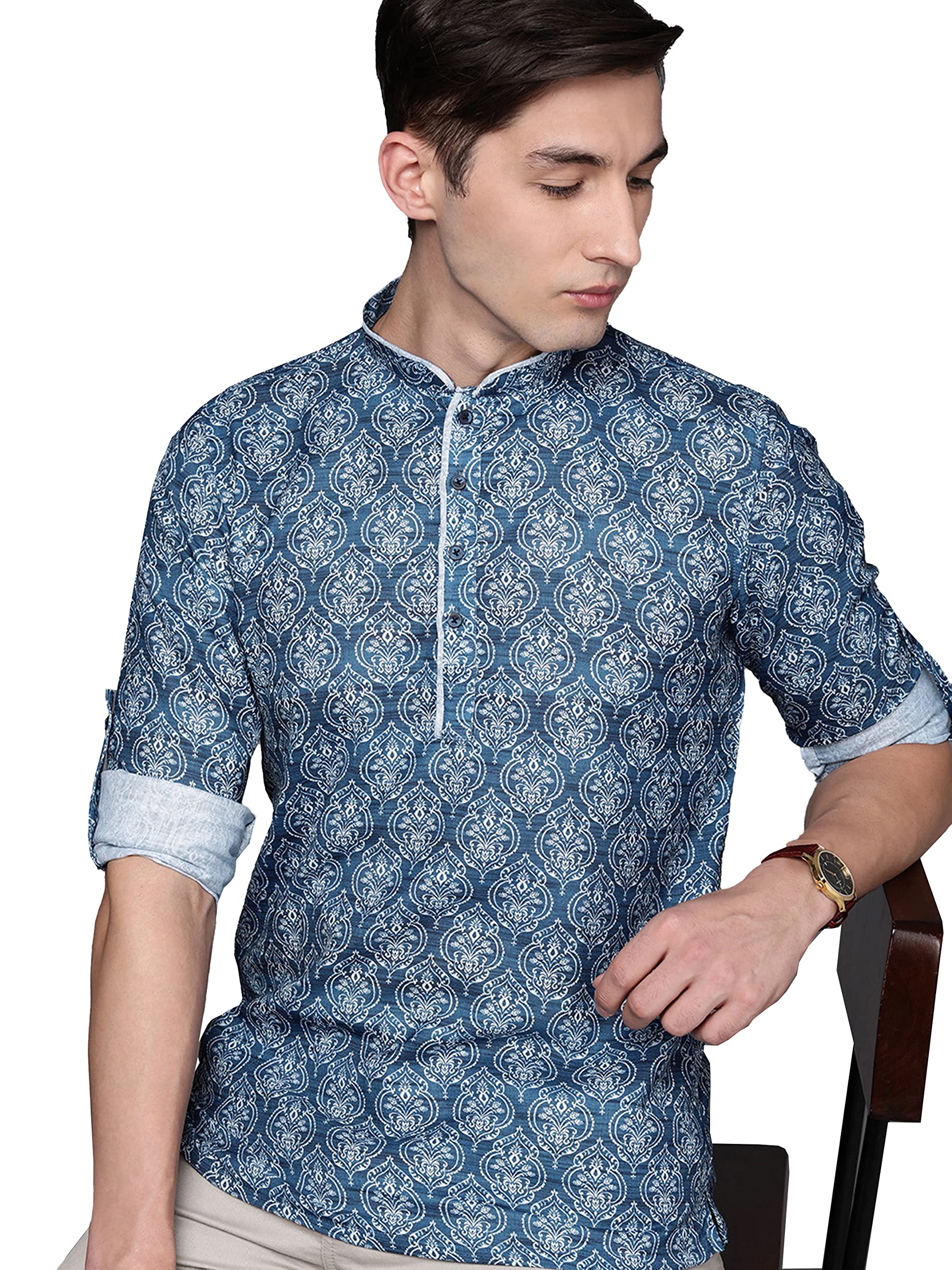 Manyavar MenS Short Kurta, Full Sleeves Mandarin Collar Ethnic Waist Length Kurta Only, Kurta For Festival, Wedding, Party & An