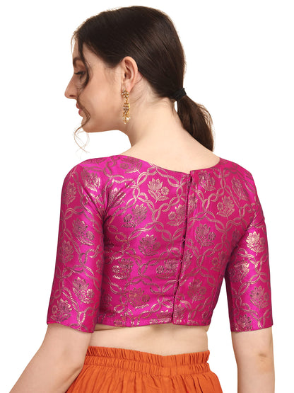 Oomph! WomenS Indian Ethnic Wear Designer Twist Leaf Pattern Zari Work Boat Neck Half Sleeve Pink Color Jacquard Readymade Blou