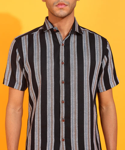 Mildin MenS Cotton Blend Striped Printed Shirt With Spread Collared Neck Half Sleeve Button Closure Regular Fit Straight Standa