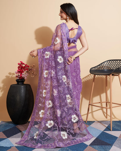 Vairagee WomenS Soft Net Flower Embroidered Border Work Saree And Unstitched Lilac Blouse Piece With Lace Work | Saree For Wedd