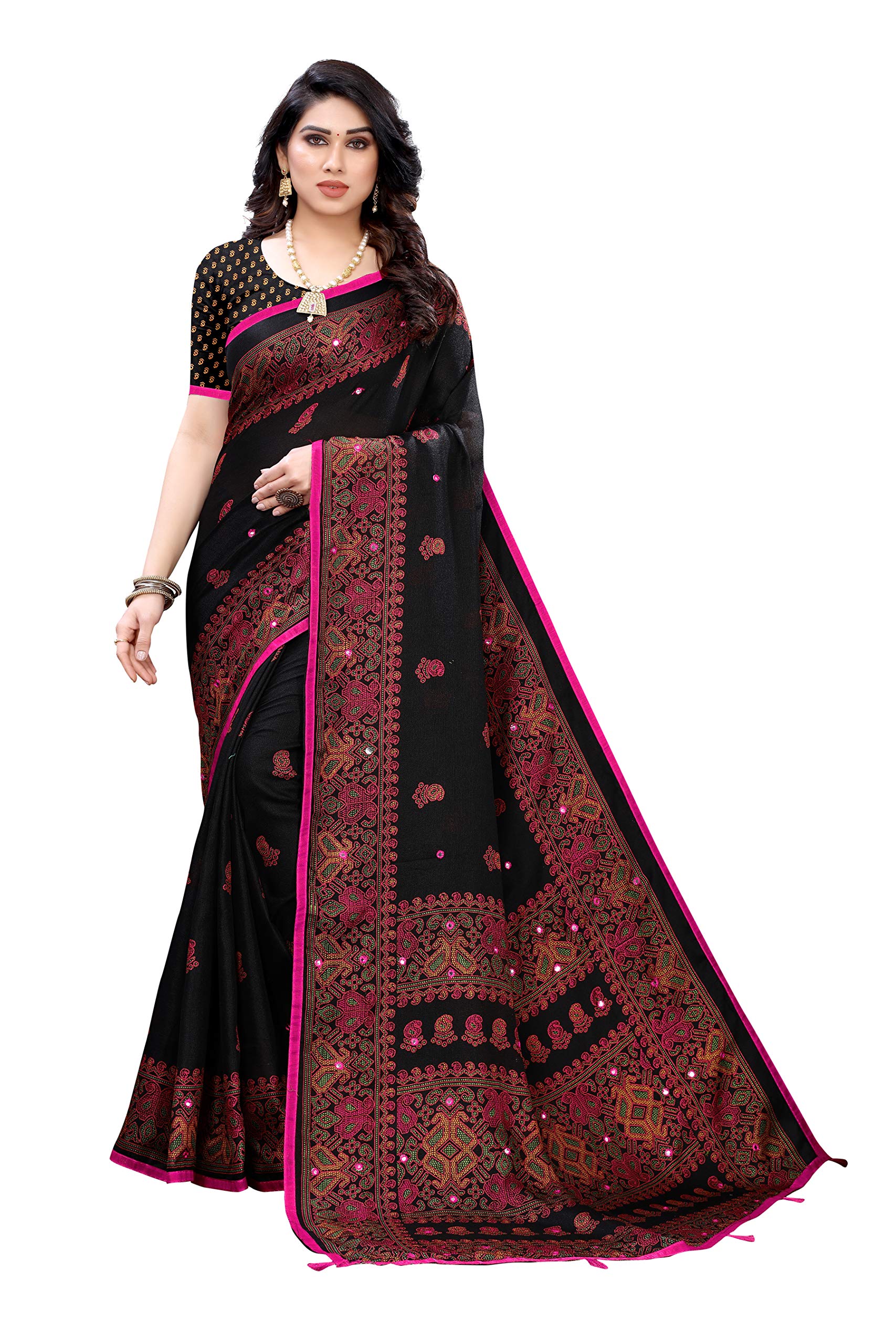 ANNI DESIGNER Womens Jute Silk Woven Mirror Work Saree with Blouse Piece (BLACK)