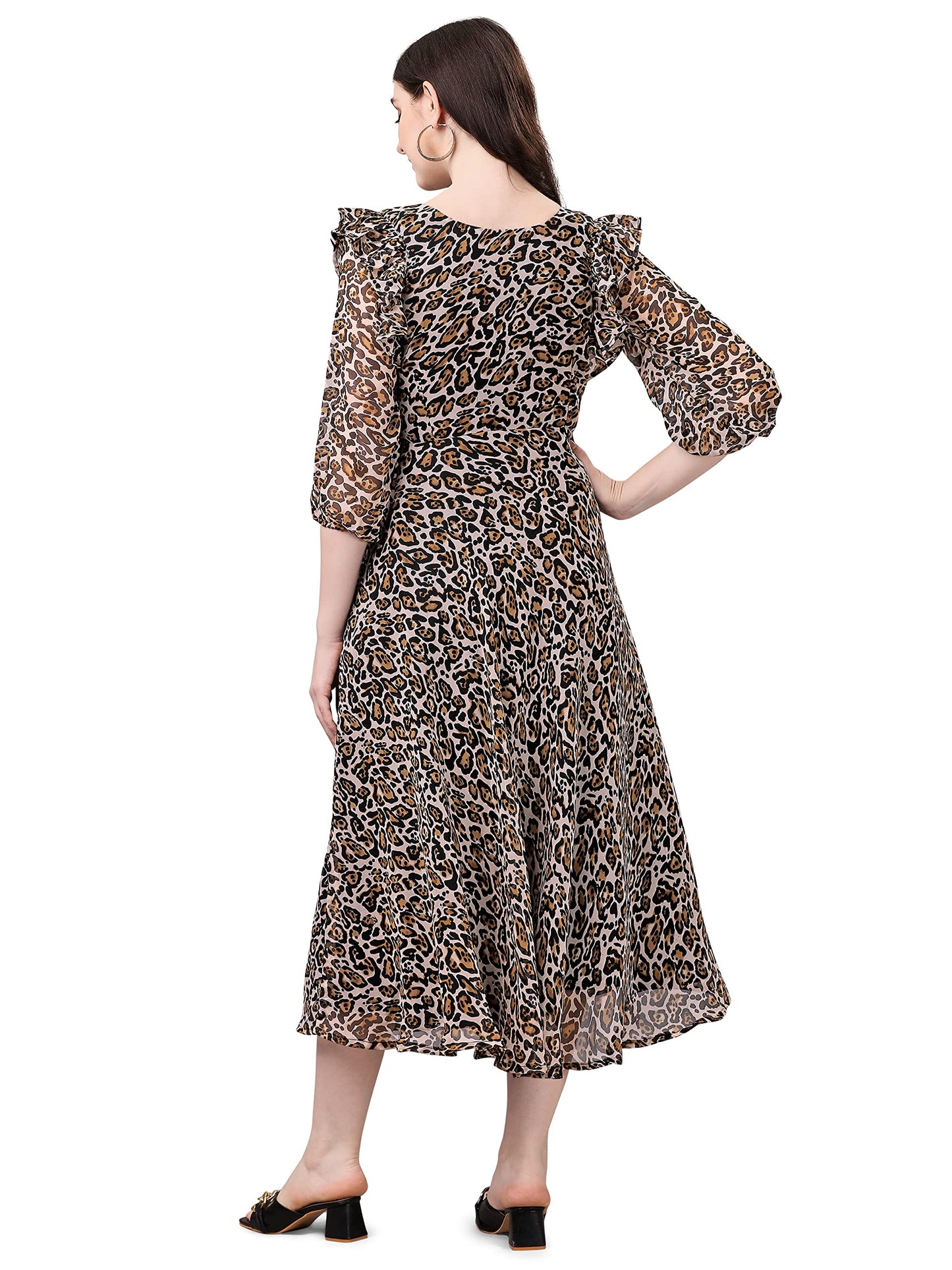 Fashion2Wear WomenS Georgette Midi Dress With Round Neck Floral Printed A Line Style Knee Length 3/4Th Puff Sleeves And Regular