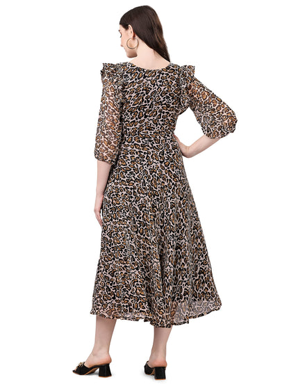 Fashion2Wear WomenS Georgette Midi Dress With Round Neck Floral Printed A Line Style Knee Length 3/4Th Puff Sleeves And Regular