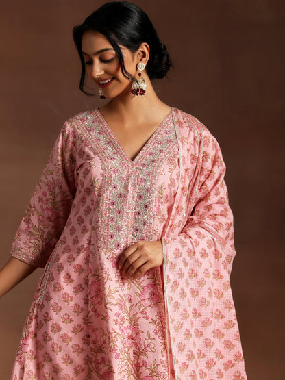 Libas Womens Printed Cotton A-Line Kurta With Trousers And Dupatta