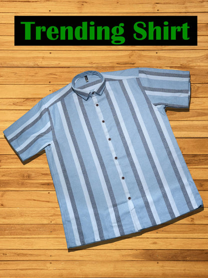 Mildin MenS Cotton Blend Striped Printed Shirt With Spread Collared Neck Half Sleeve Button Closure Regular Fit Straight Standa