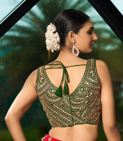 Pujia Mills Fancy WomenS Foil Mirror And Thread Zari Work Sweetheart Neck Silk Sleeveless Blouse (Pc Bindi Foil Parent) (Green,