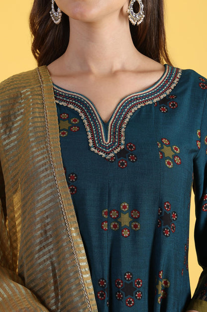W for Woman Printed Sequins Flared Kurta & Flared Pants with Dupatta Set