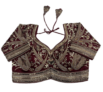 Pujia Mills Womens Embroidery Readymade Bridal Blouse Copper Coding Glitter Sequence Thread Work Indian Ethnic Designer Stitched