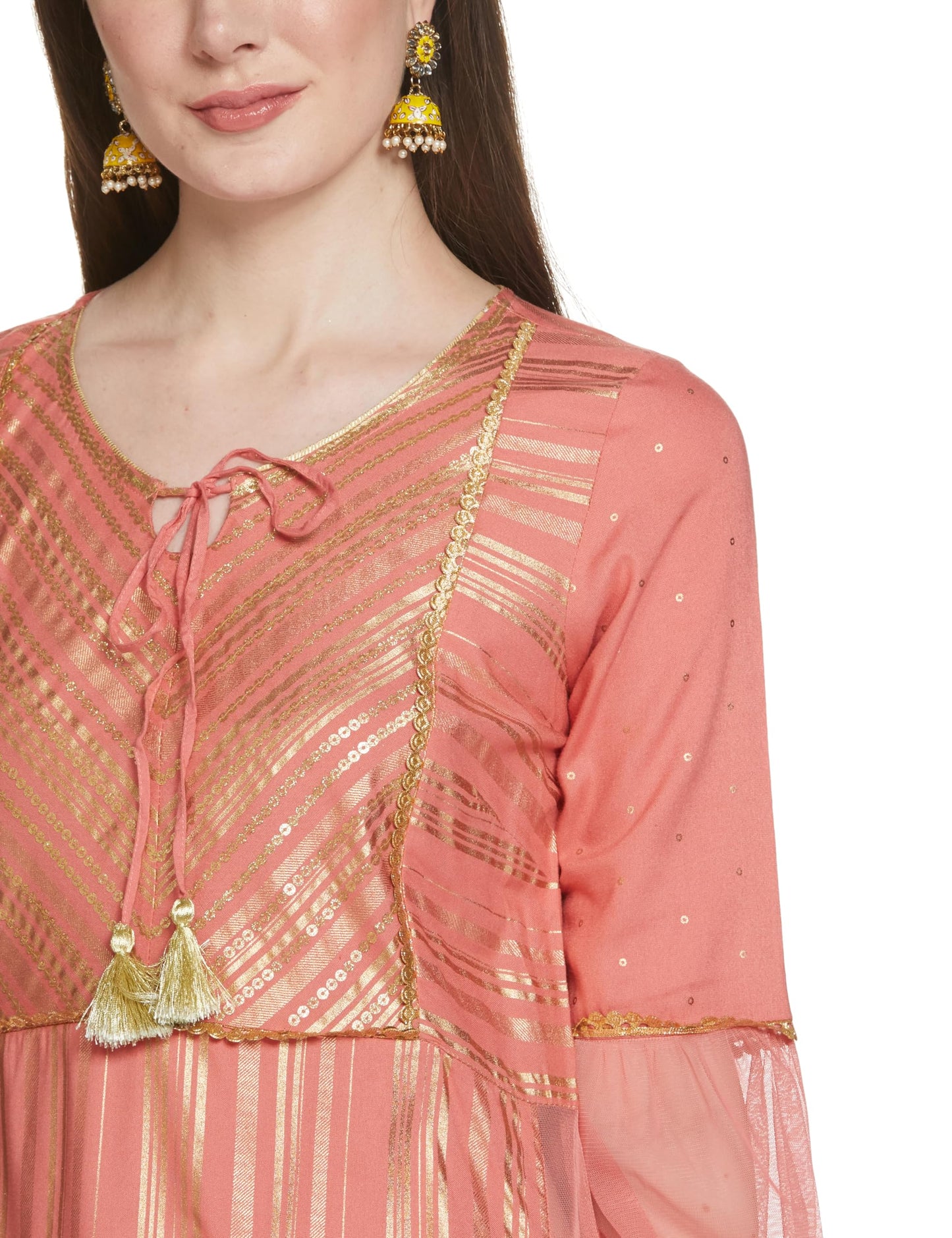 Aurelia WomenS Rayon Floral Regular Peach Sequined Yoke Striped Kurta (23Fea14045-505382