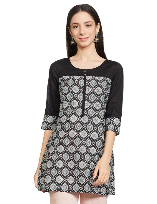 Aurelia Women's Cotton Black Floral Round Neck Straight Kurti