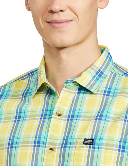 The Indian Garage Co Yellow Regular Fit Spread Collar Checkered Long Sleeves Shirt