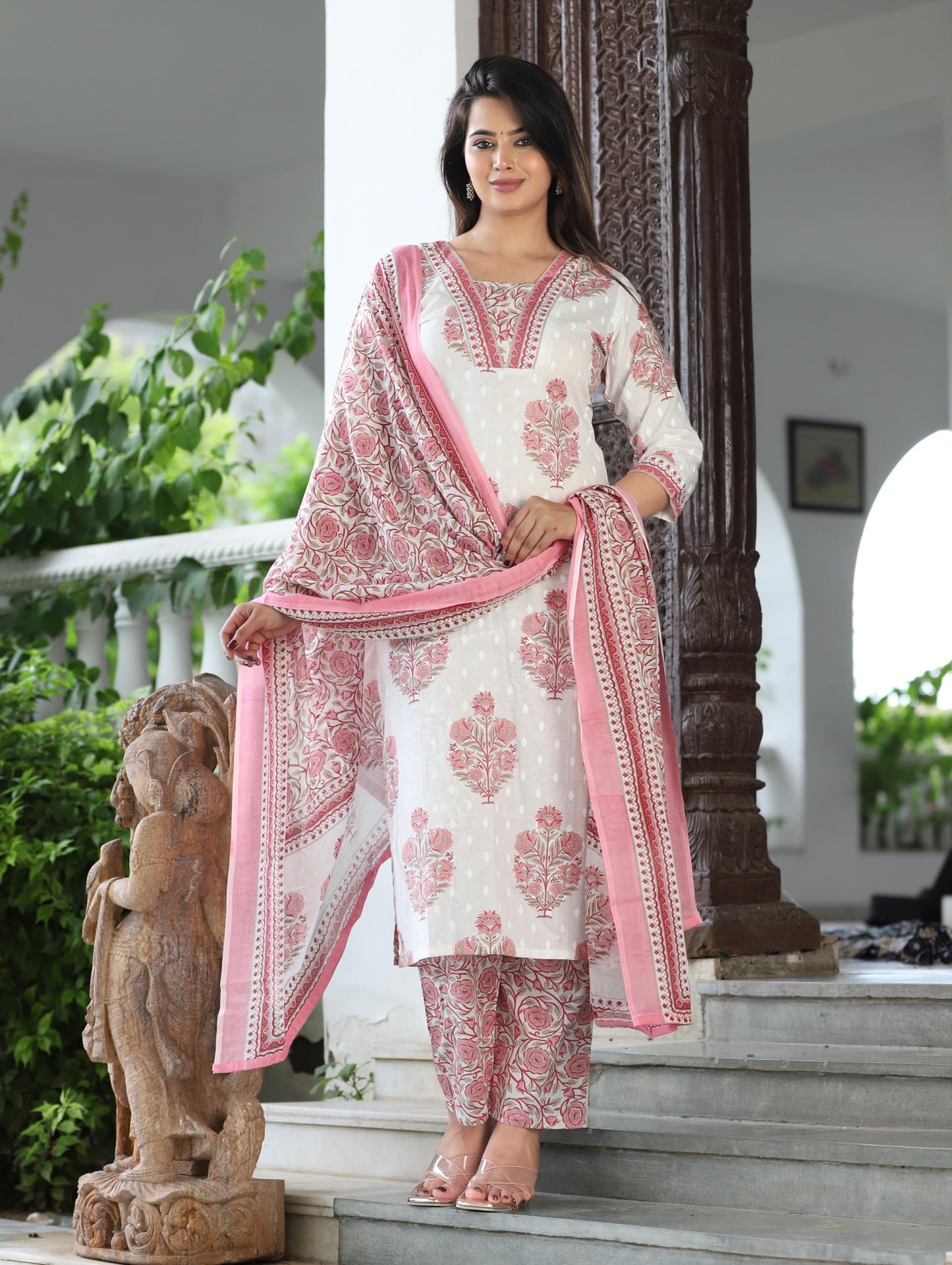 G4Girl Jaipuri Pure Cotton Kurti Pant With Dupatta For WomenS (White-Peach)