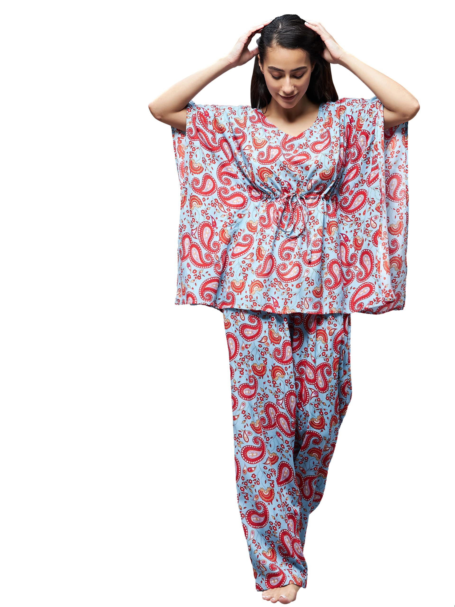 Miss Chase Womens Blue and red V Neck Kaftan Sleeve Printed Tie-Up Waist Regular Kaftan & Pajama Set (MCSS22NW06-31-116-06, Blu