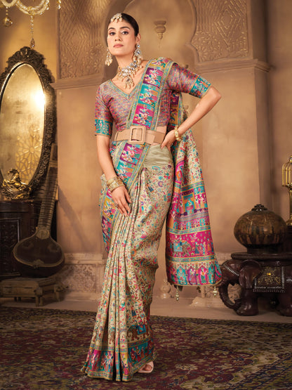 Glory Sarees WomenS Luxurious Dola Pure Silk Original Saree Position Print Work Madhubani Inspired Motifs Banarasi Kanjivaramwil