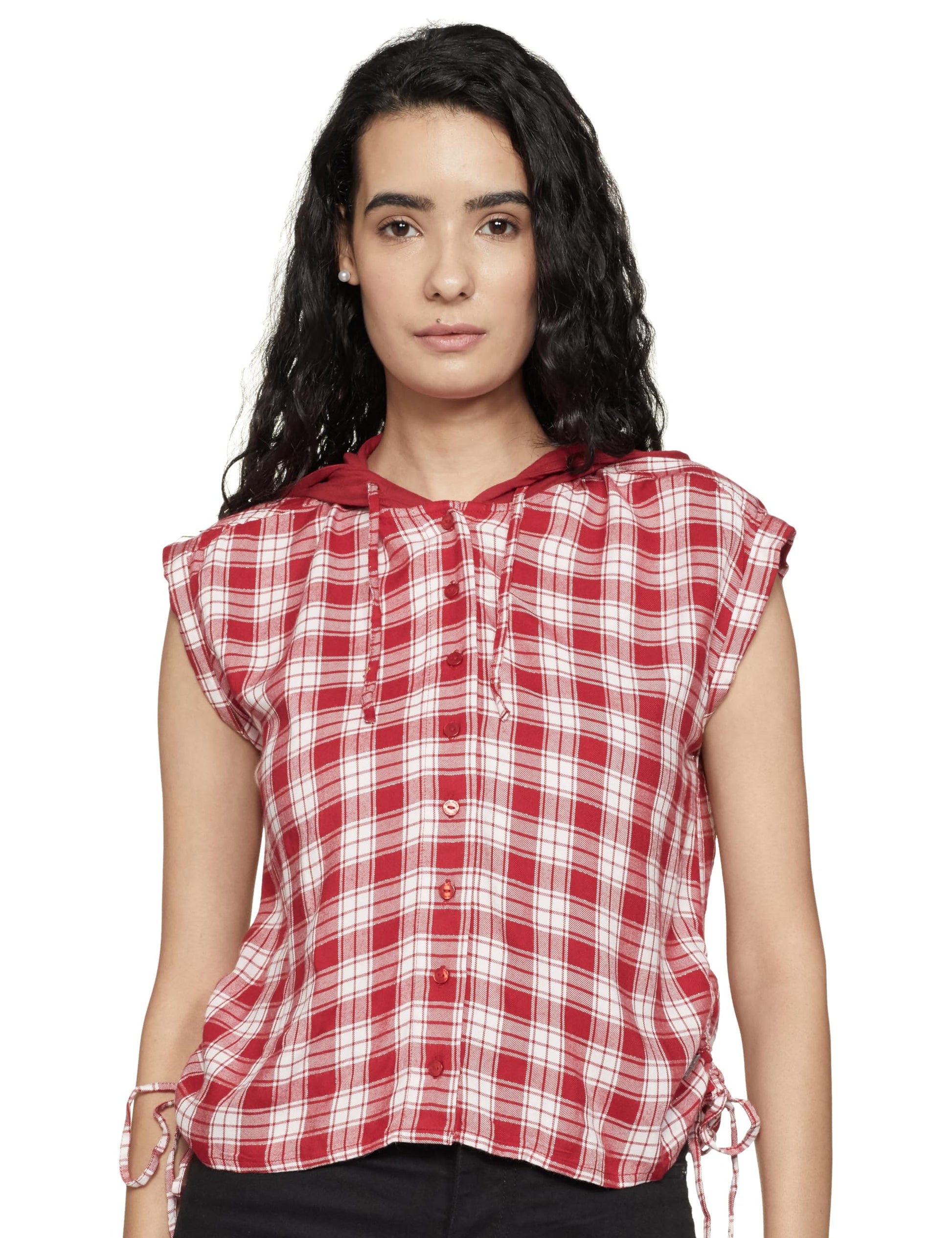 Pepe Jeans Checks Viscose Hood WomenS Shirt (Red, Medium)