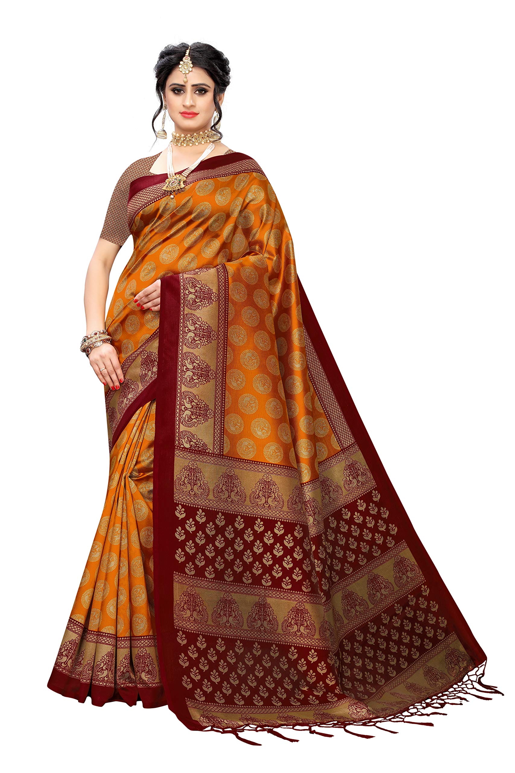 Anni Designer Womens Yellow Color Art Silk Printed Saree Border Tassels With Blouse Piece(SOLAH-YELLOW_Free Size)