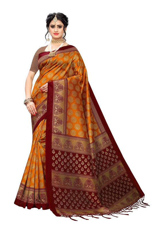 Anni Designer Womens Yellow Color Art Silk Printed Saree Border Tassels With Blouse Piece(SOLAH-YELLOW_Free Size)