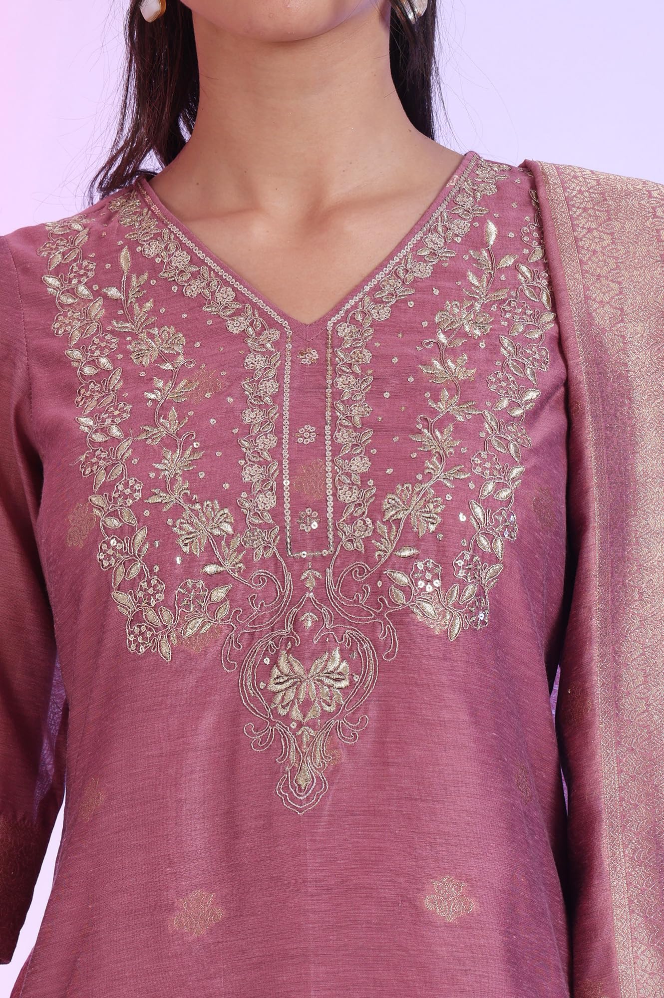 Aurelia Women's Purple Yarn Dyed Straight Kurta with Palazzos & Dupatta Set