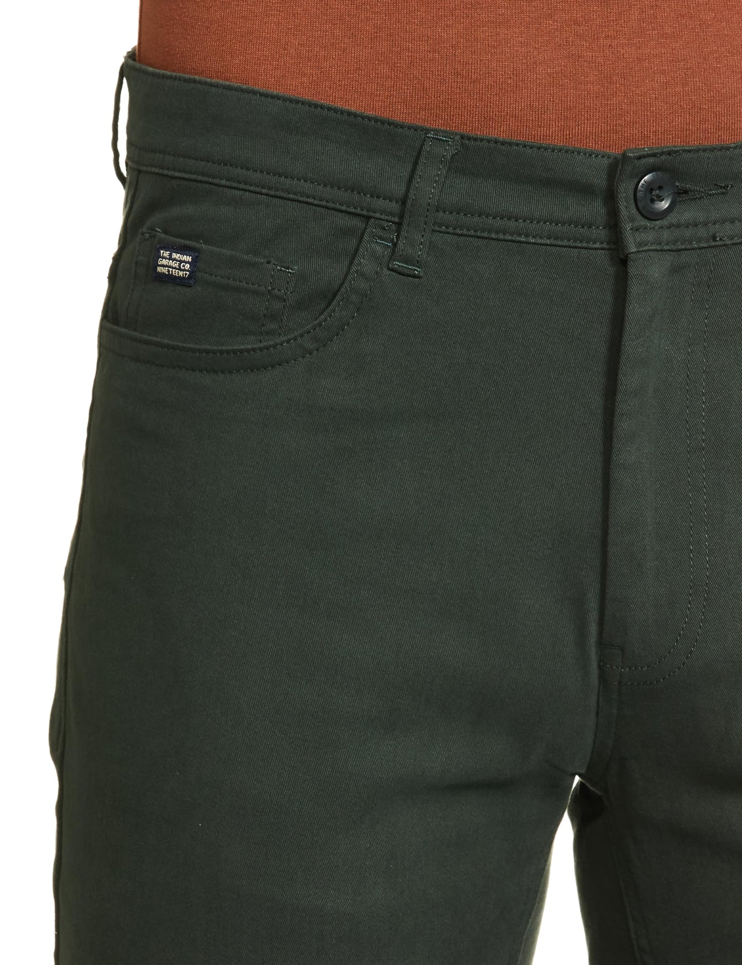 The Indian Garage Co Men Slim Fit Solid Mid-Rise Stretchable Chinos Jungle Green