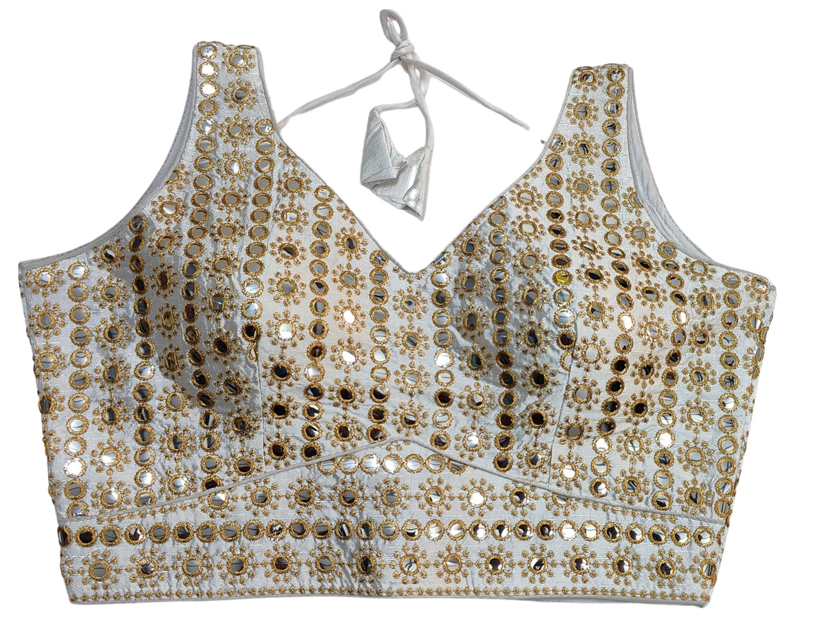 Pujia Mills Womens Readymade Blouse Sleeveless Blouse Embroidery jari Work Mirror Blouse Handwork Readymade Saree Blouse for Wo