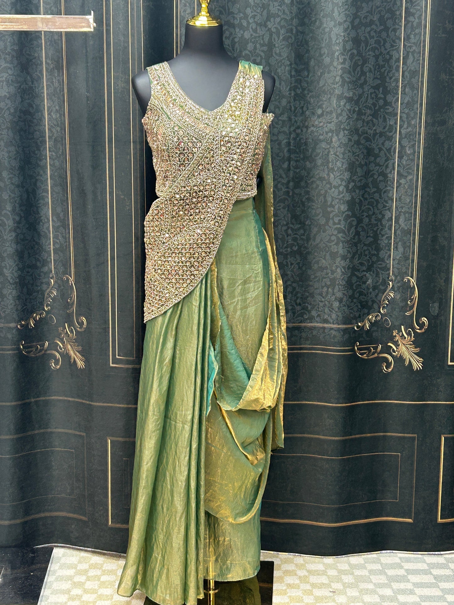Readymade saree : pre pleated tissue silk saree