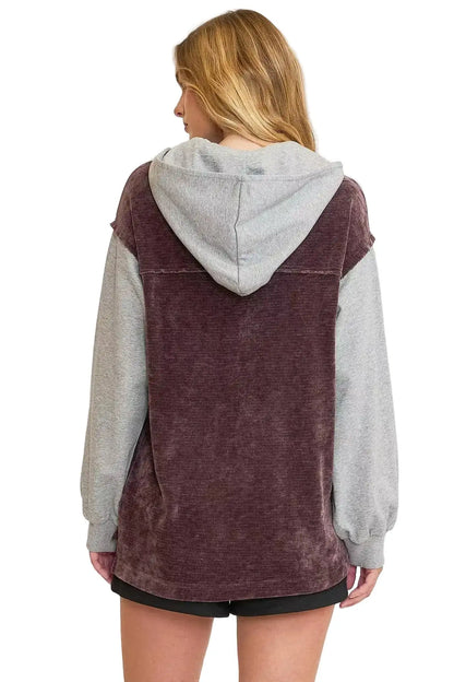 Umgee Contrast Hooded Chenille Jacket
