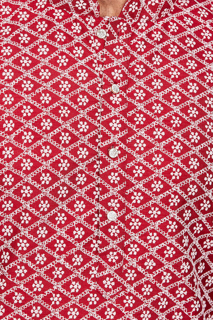 Be Active Cotton MenS Embroidered Lucknowi Red Kurta Set || Men Kurta Pajama || Men Kurta Pajama Set || Kurta Pajama For Men (R