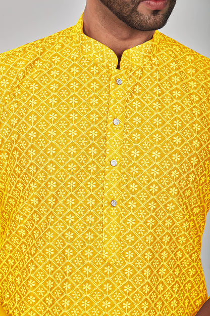 Be Active MenS Embroidered Lucknowi Yellow Kurta Set || Men Kurta Pajama || Men Kurta Pajama Set || Kurta Pajama For Men (Rfsk0