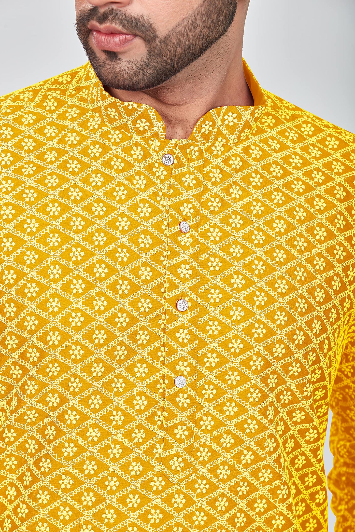 Be Active MenS Embroidered Lucknowi Yellow Kurta Set || Men Kurta Pajama || Men Kurta Pajama Set || Kurta Pajama For Men (Rfsk0