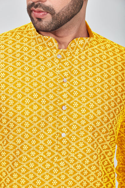 Be Active MenS Embroidered Lucknowi Yellow Kurta Set || Men Kurta Pajama || Men Kurta Pajama Set || Kurta Pajama For Men (Rfsk0