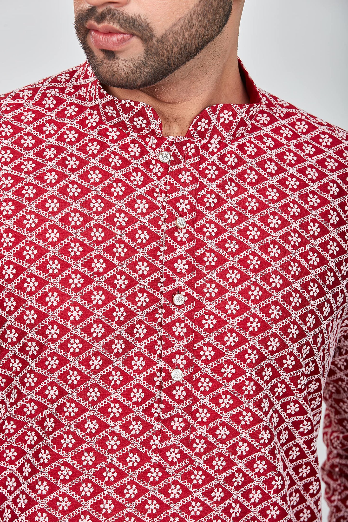 Be Active Cotton MenS Embroidered Lucknowi Red Kurta Set || Men Kurta Pajama || Men Kurta Pajama Set || Kurta Pajama For Men (R