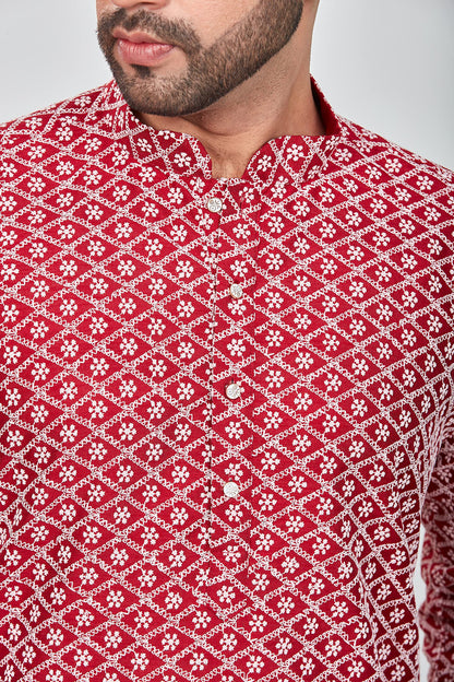 Be Active MenS Embroidered Lucknowi Red Kurta Set || Men Kurta Pajama || Men Kurta Pajama Set || Kurta Pajama For Men (Rfsk0013