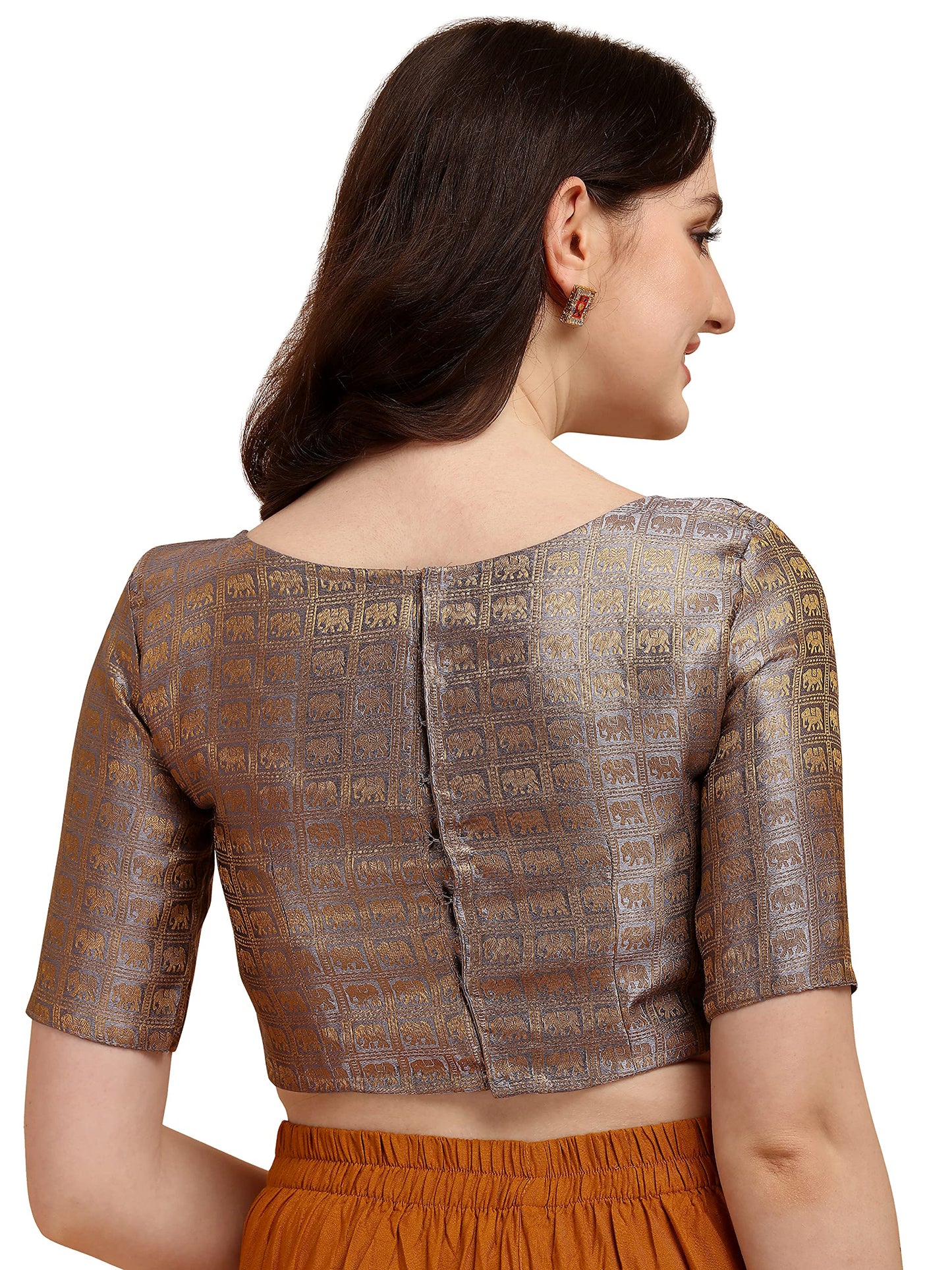 Oomph! WomenS Indian Ethnic Wear Designer Zari Work Boat Neck Half Sleeve Cloud Grey Color Blouse For Saree Or Lehnga And Palaz