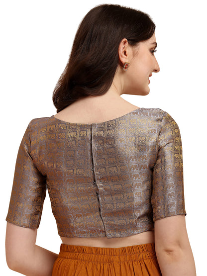 Oomph! WomenS Indian Ethnic Wear Designer Zari Work Boat Neck Half Sleeve Cloud Grey Color Blouse For Saree Or Lehnga And Palaz