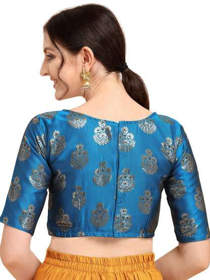 Oomph! WomenS Indian Ethnic Wear Designer Floral Pattern Zari Work Boat Neck Half Sleeve Readymade Non - Padded Blouse For Sare