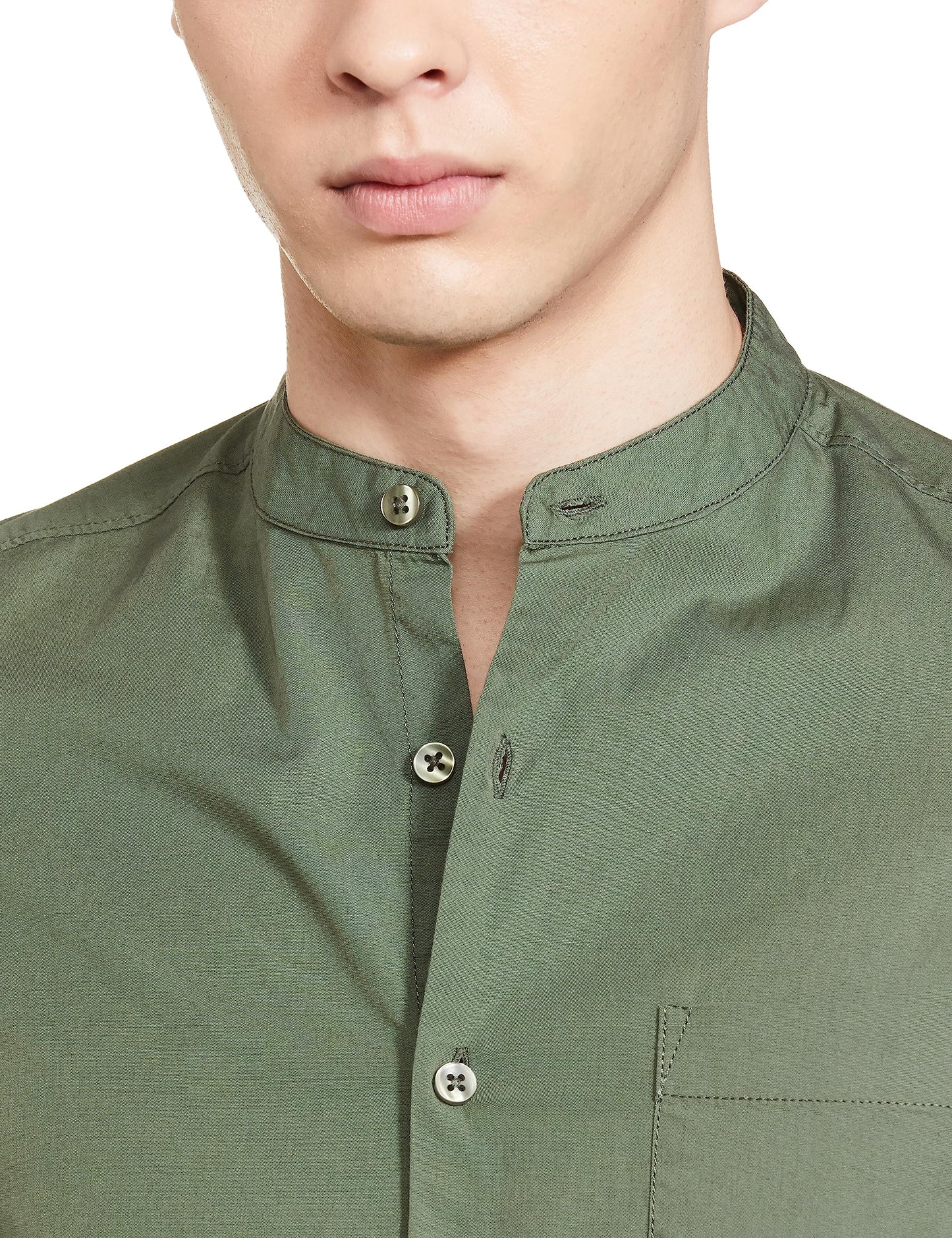 The Indian Garage Co Green Regular Fit Mandarin Collar Solid Long Sleeves Shirt
