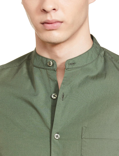 The Indian Garage Co Green Regular Fit Mandarin Collar Solid Long Sleeves Shirt