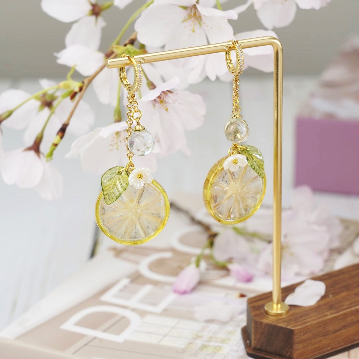 Lemon Kumquat Slice with White Flower Earrings | Citrus Resin Dangle Earrings