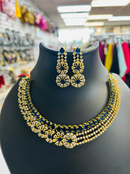 Ad necklace set : Blue stones gold polish