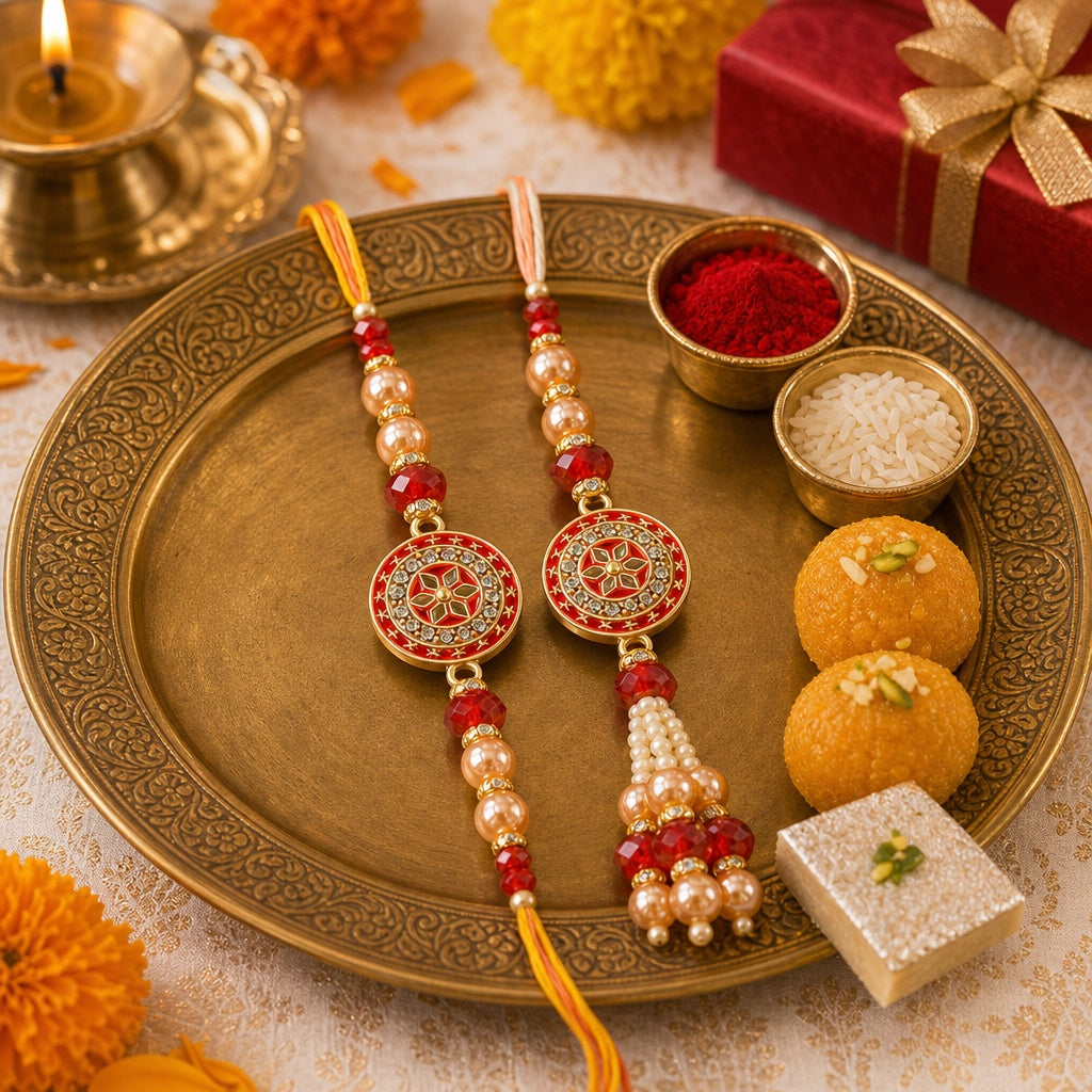 Premium Designer Peach Rakhi Set of 2 for Bhaiya Bhabhi – Traditional Lumba Set, Thread Rakhi with Stones | Ideal Raksha Bandhan Gift